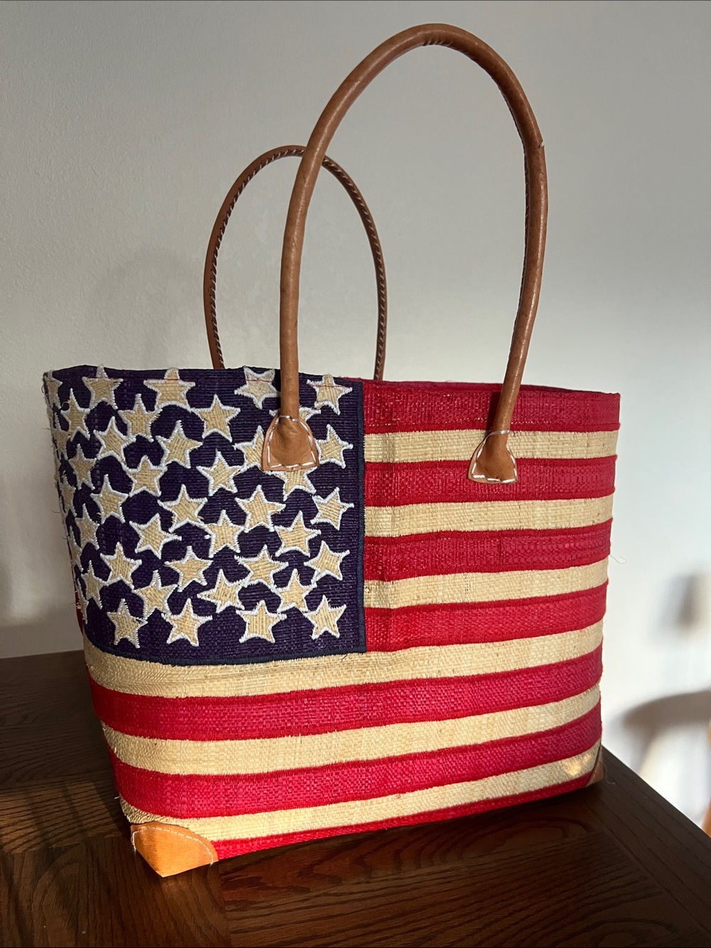 American Flag Straw Raffia Woven USA Tote